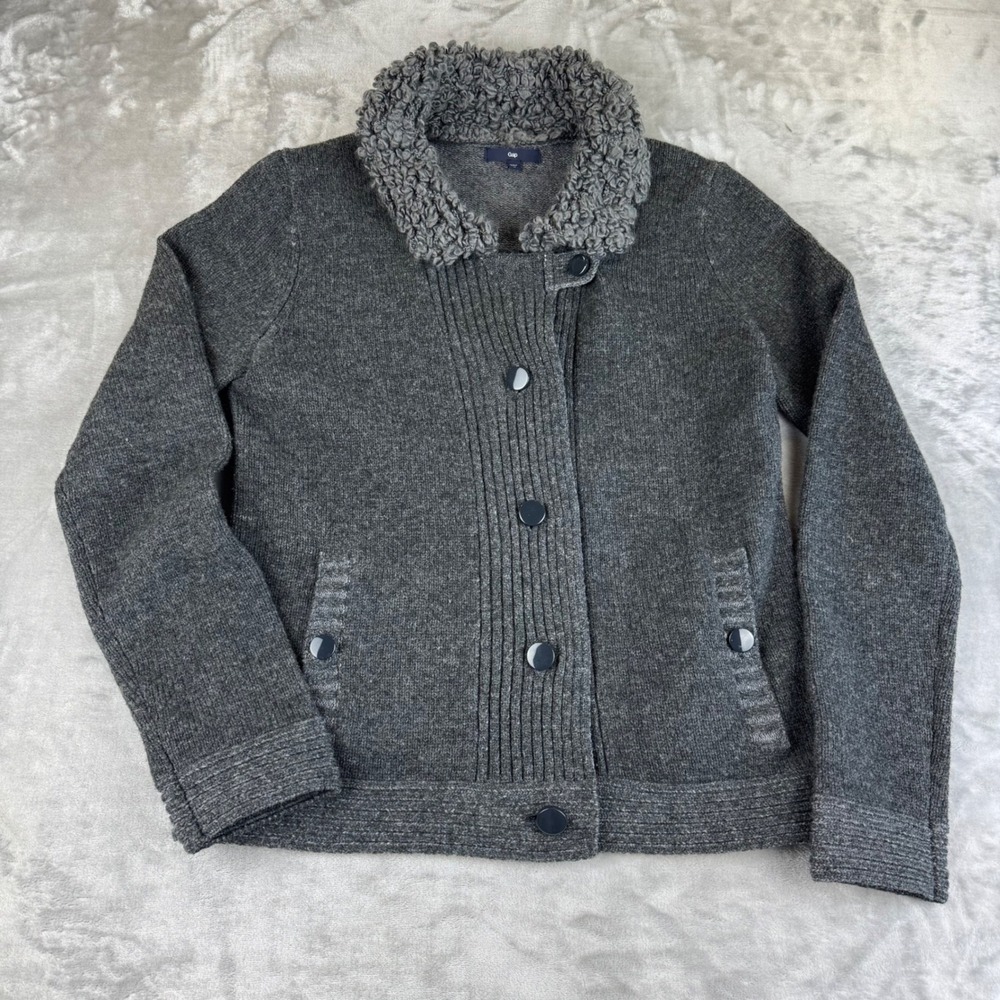 Gap‎ Womens Gray Wool Blend Button Front Cardigan Sweater Collar Size M (1330)